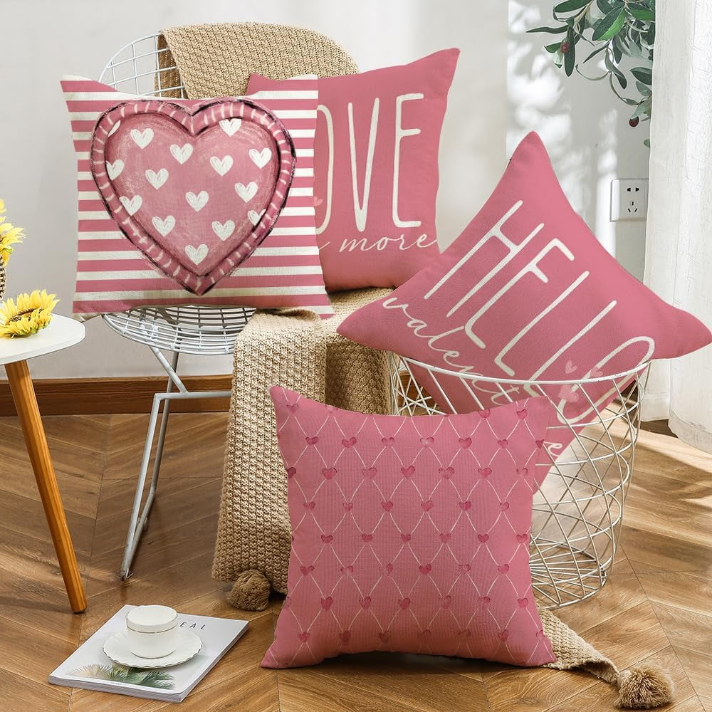 Valentines Day Pillow Covers 20 x 20 Inch Set of 4 Hello Valentine Love You More Pink White Stripes Heart Throw Pillows Decorative Cushion Cases Valentines Decor Pink