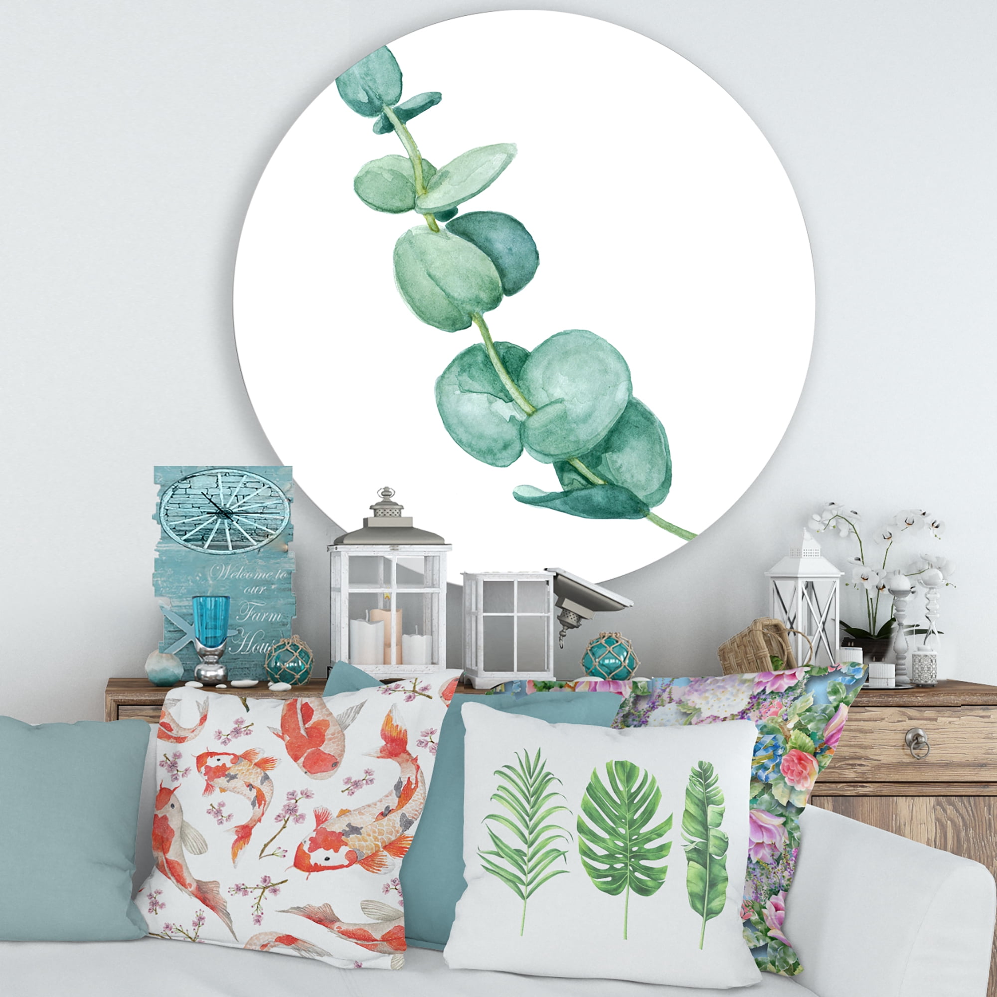 Designart 'Young Eucalyptus Branches and Leaves II' Traditional Circle Metal Wall Art 36x36 - Disc of 36