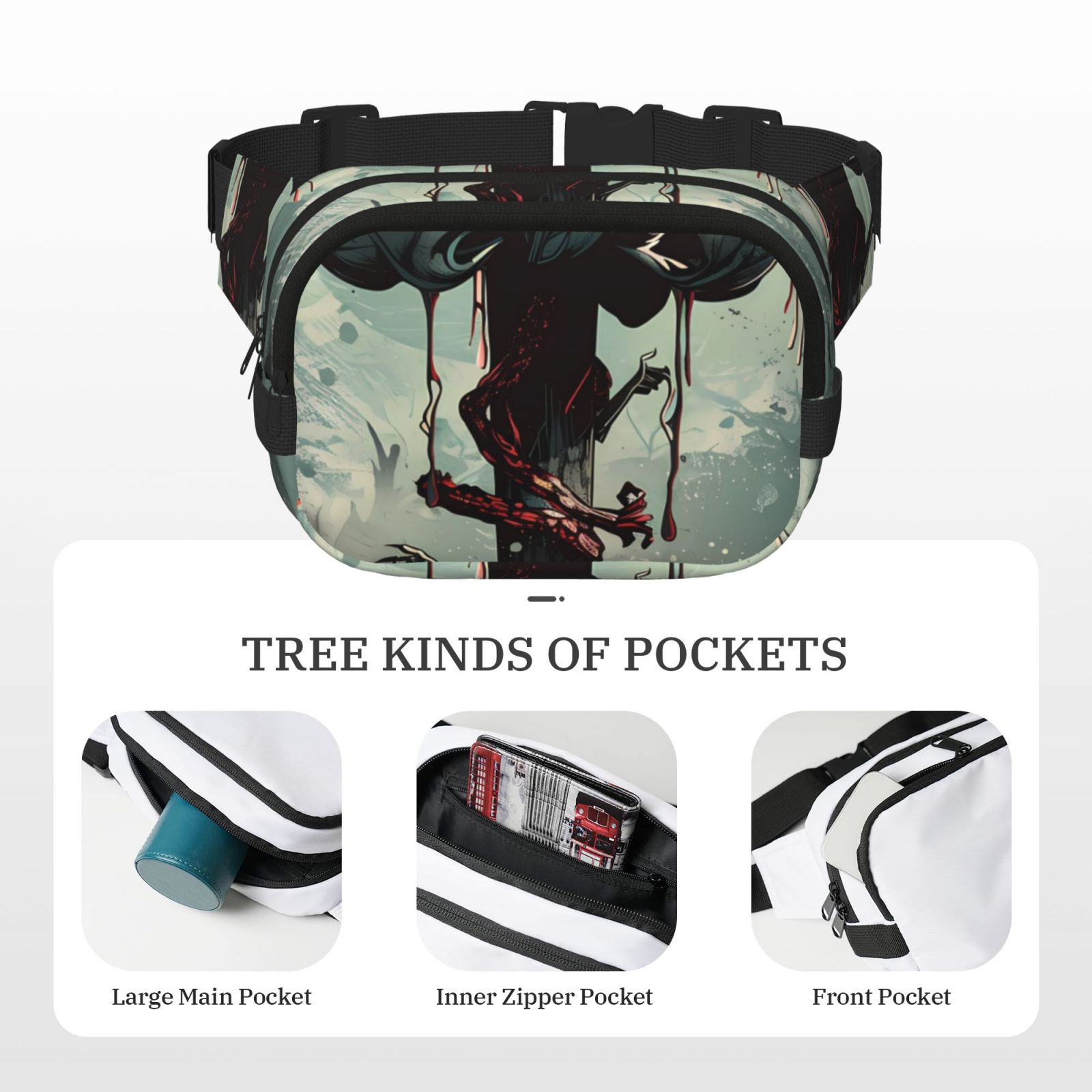 Picia Zombie Flower Apocalypse Print Square Double-Layer Waist Bag Mini Adjustable Waist Belt Bag Exercise Running Travel Hiking