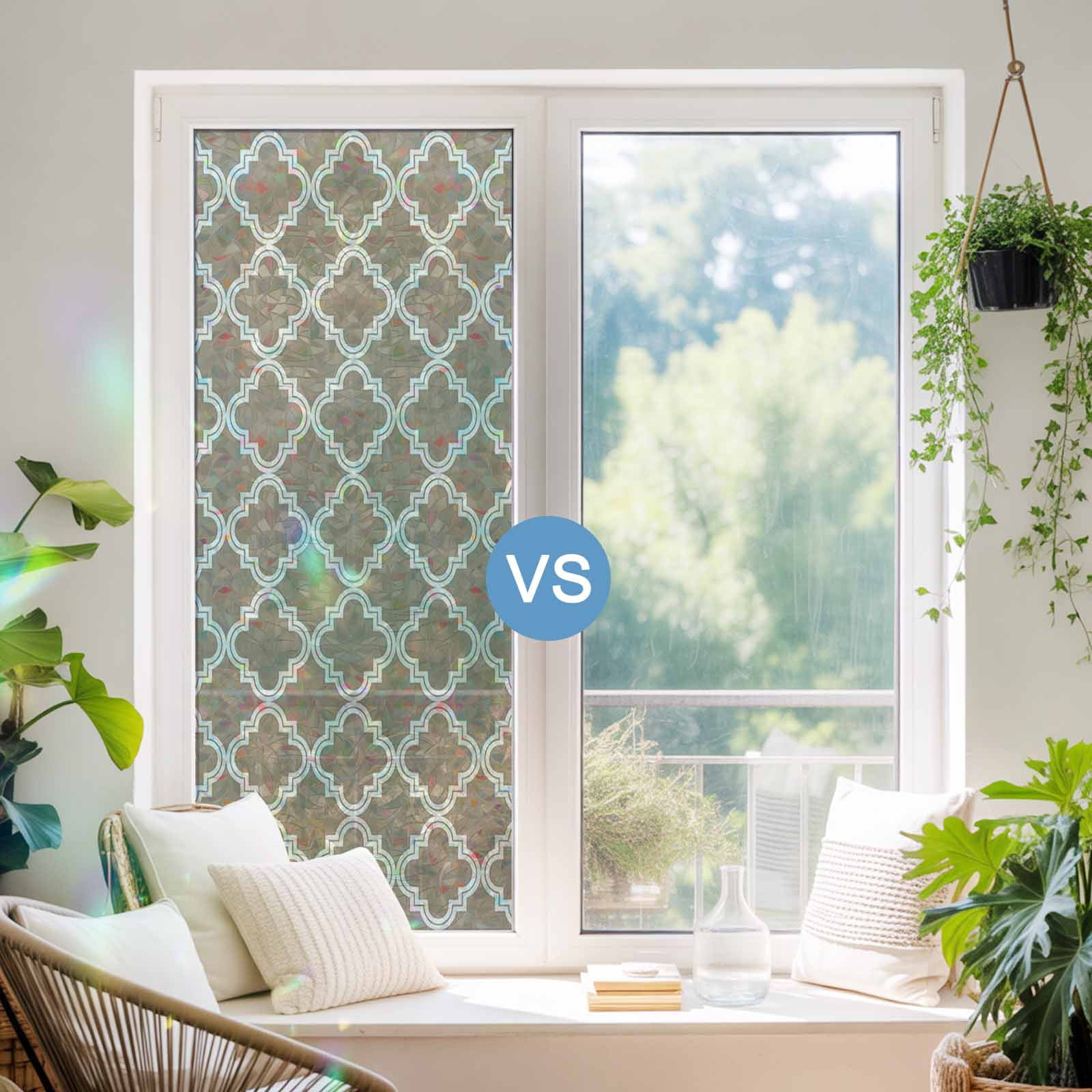 Modern Beige Geometric Window Privacy Film Stain Glass,Reusable Decorative Rainbow Window Film,Abstract Art Morocco Aesthetic Static Cling Sun Blocking Stickers Decals Covers 23.6" x 78.7" (2pcs)