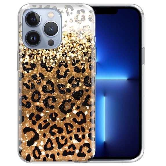 FINCIBO Soft TPU Clear Case Slim Protective Cover for Apple iPhone 13 Pro Max 6.7" 2021 (NOT FIT iPhone 13 mini 5.4"/iPhone 13 Pro 6.1"/iPhone 13 6.1" 2021), Yellow Glitter With Black Yellow Leopard