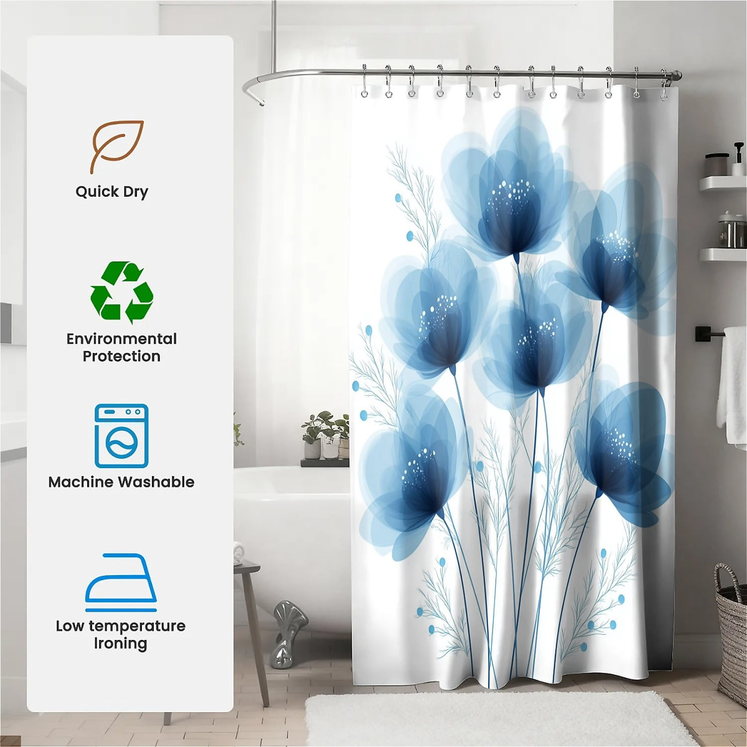 ARTSLION Shower Curtain Navy Blue Geometric Water Repellent Shower Curtain Set, With Hooks，Machine Washable, Modern Decorative Polyester Cloth Shower Curtains For Bathroom,72X84,Azure Bloom