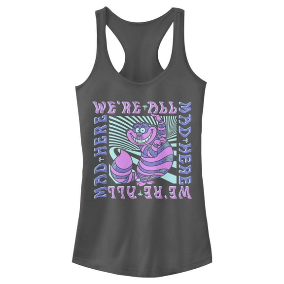Junior's Alice in Wonderland We're All Mad Here Trippy Racerback Tank Top Charcoal Large