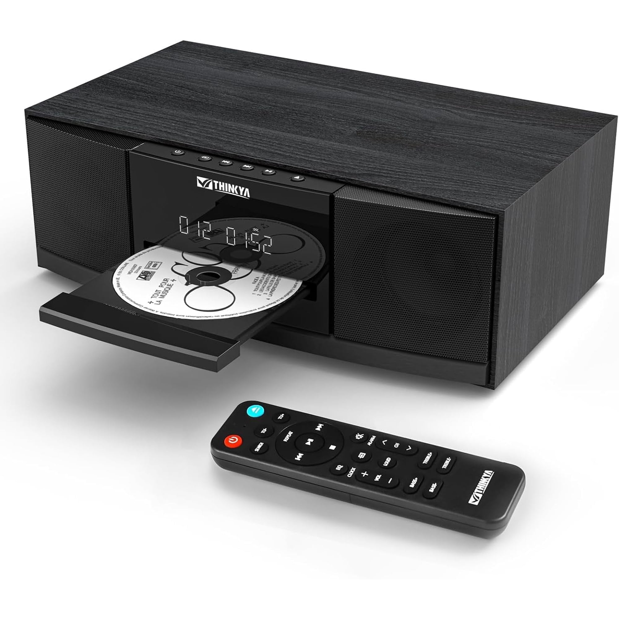 THINKYA JA-318 CD Player Stereo System for Home, 36W RMS HiFi Bluetooth 5.3 CD Player with Speakers, FM Radio 40 Presets, USB/AUX Playback, LED Clock & Alarm, IR Remote Control, Vintage Wooden Design