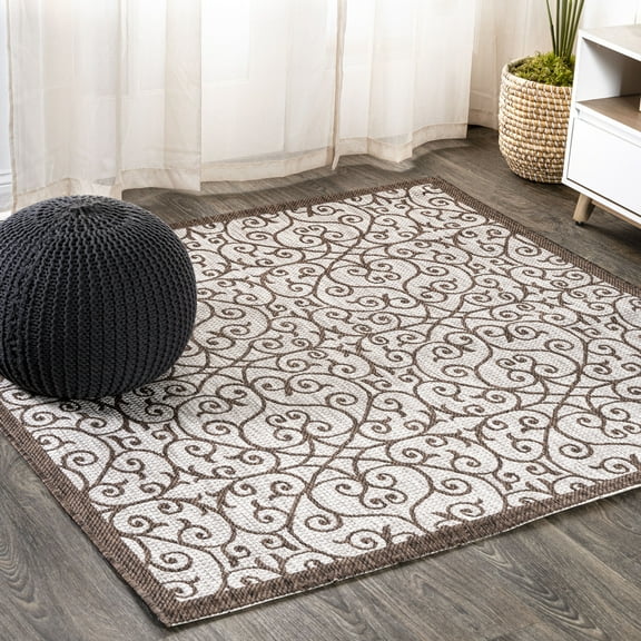 JONATHAN Y SANTA MONICA 5' Square Area Rug, Madrid Vintage Filigree Textured Weave - Taupe/Espresso, SMB107C-5SQ