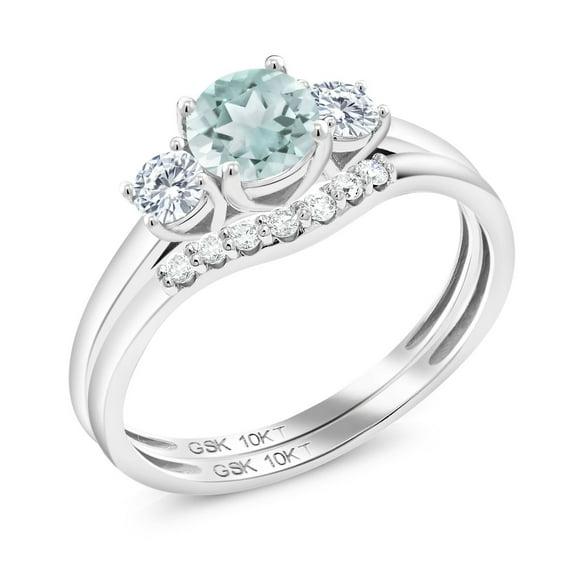 Gem Stone King 10K White Gold Sky Blue Topaz and White Lab Grown Diamond 3-Stone Bridal Engagement Wedding Ring Set for Women | 0.94 Cttw | Round 5MM | Available in Size 5, 6, 7, 8, 9| Size 6
