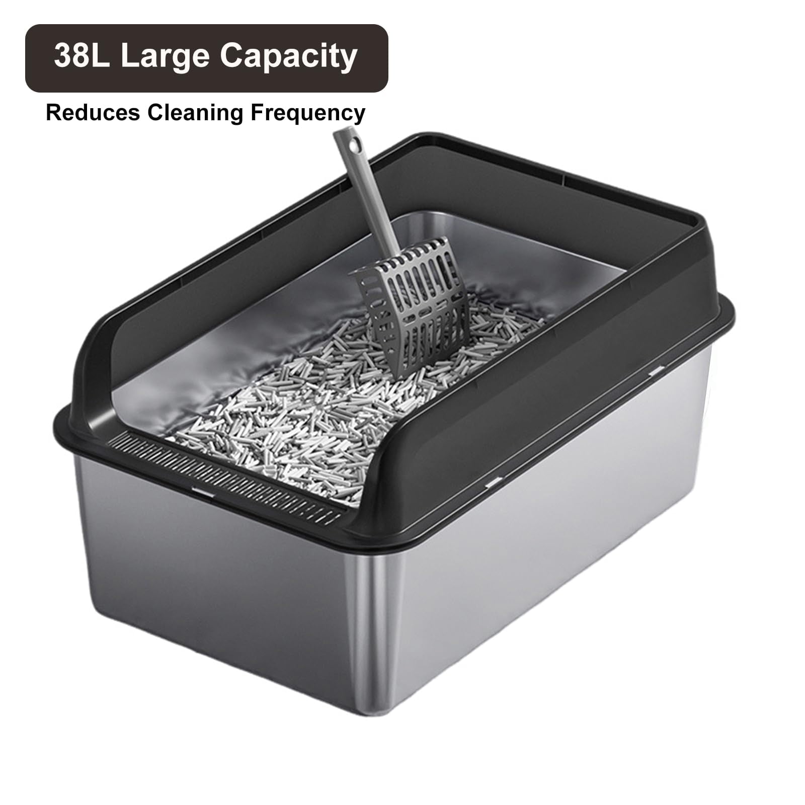 XL Stainless Steel Cat Litter Box with Lid – 8" Deep High Sided Metal Toilet, Non-Stick, Easy Clean, Anti-Leakage, Scoop & Double Layer Mat, Odorless, Black (60x40x30cm)
