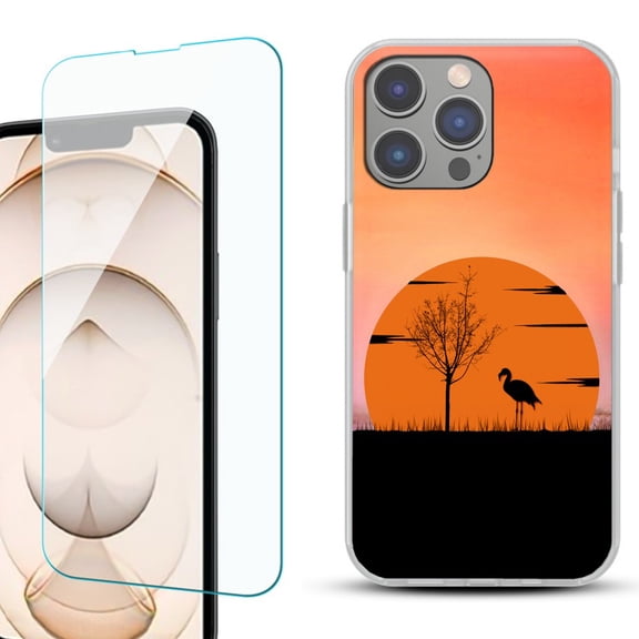 Slim-Fit Gel TPU Phone Case for iPhone 14 Pro, with Tempered Glass Screen Protector, by OneToughShield ® - Sunset Flamingo