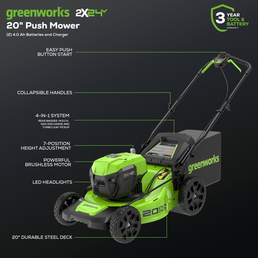 Greenworks 48v 2x24v Lawn Mower String Trimmer Blower Combo 2 4.0ah Batteries And Dual Port Charger Included