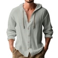 thumbnail image 2 of Chbgutlmr Cotton Linen Shirts for Men Drawstring Long Sleeve Button down Hooded T-Shirts Casual Loose Lightweight Plain Tops2XLGray, 2 of 7