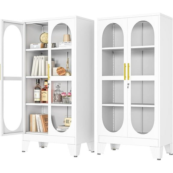 61" H Locking Display Cabinet with Glass Door, Metal Cabinets with 3 Adjustable Shelves, Cabinet Display Case for Living Room, Collectibles, Clinic, Home - Assembly Required White