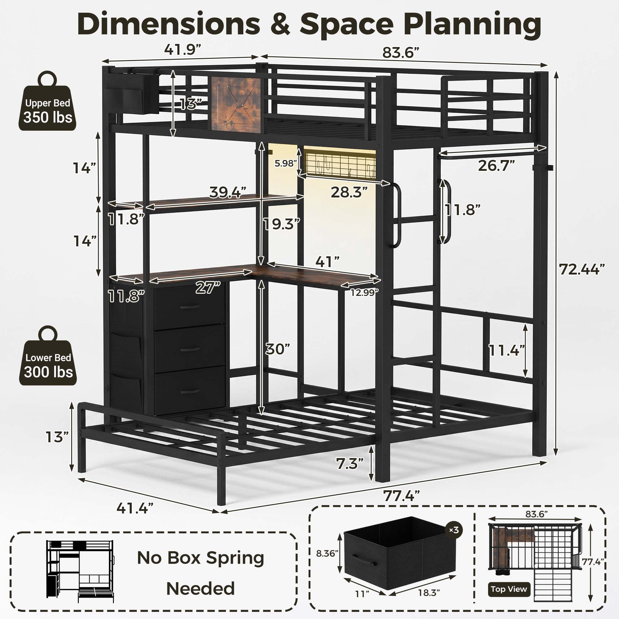 Miniyam Twin XL Over Twin Metal Bunk Bed with L-Shaped Desk, Storage Drawers, RGB LED Light and Charging Station, Black