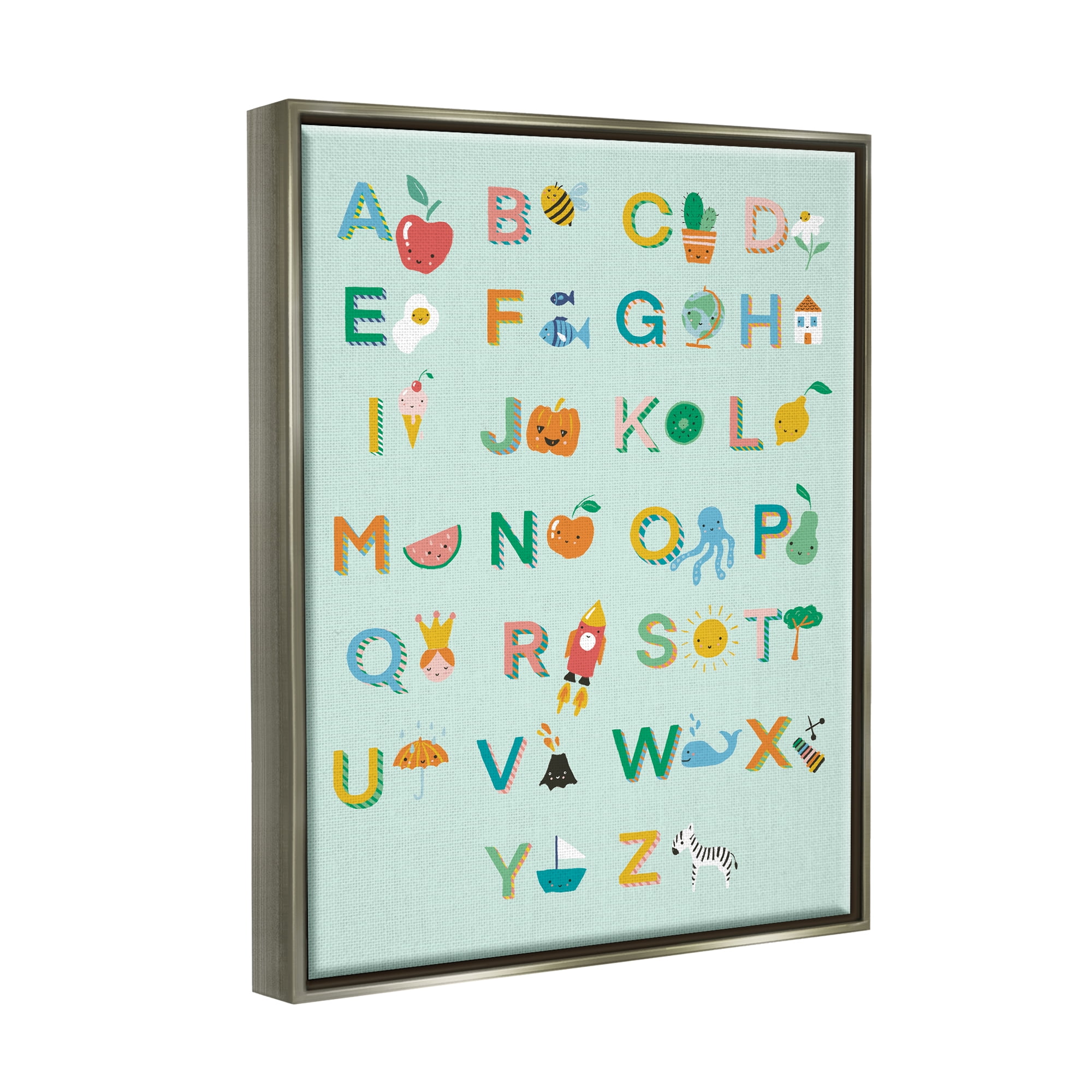 Stupell Industries Alphabet Chart on Mint Green Typography Painting Gray Floater Framed Canvas Art Print Wall Art, 17 x 21