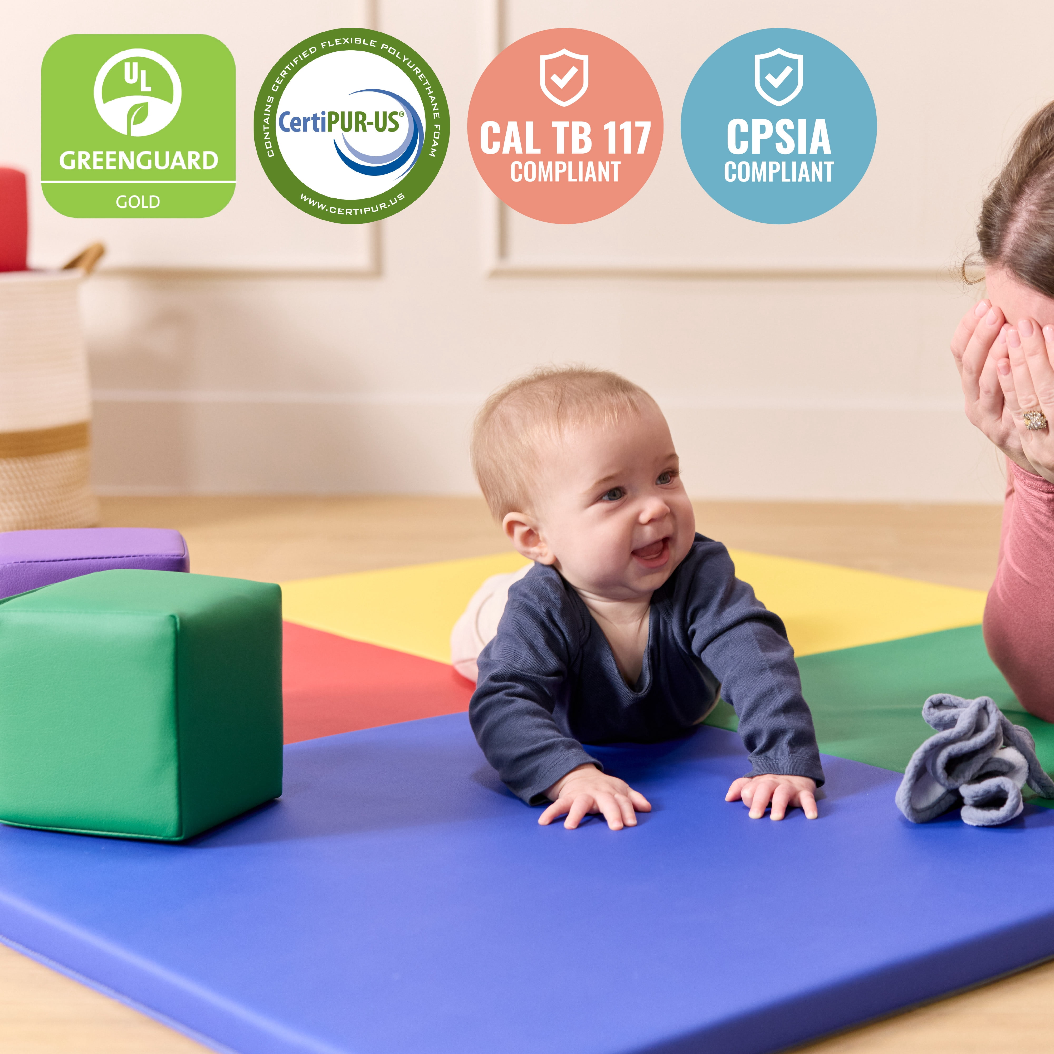 ECR4Kids SoftZone Quad Fold-N-Go Mat and Patchwork Toddler Blocks, Soft Play, Assorted, 13-Piece