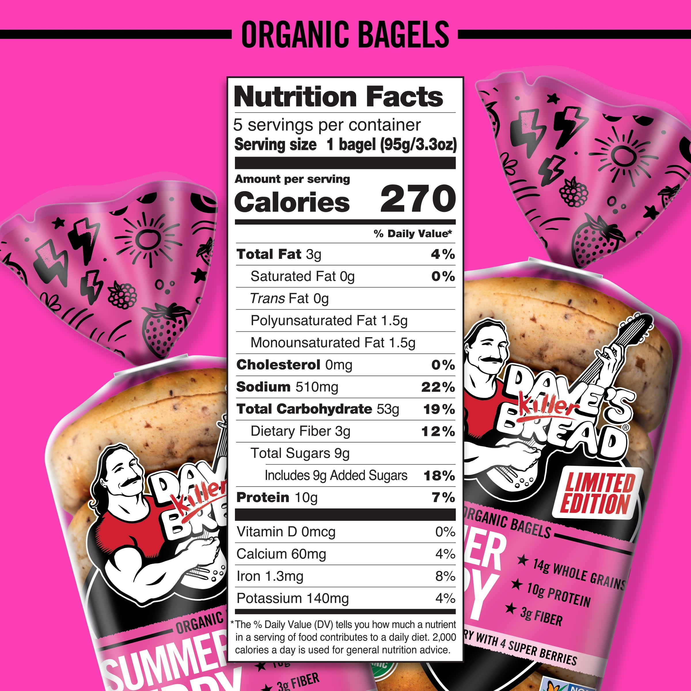 Dave's Killer Bread Summer Berry Bagels, Limited Edition Organic Bagels, 5 Count