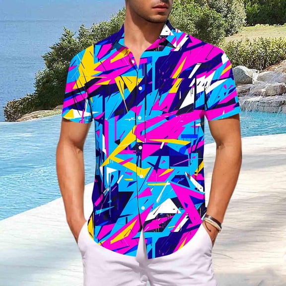 Gamivast Men's Geometric Graphic Button Down Shirts Short Sleeve Retro 80S 90S Tops Lightweight Breathable Summer Beach Party Festival Blouse