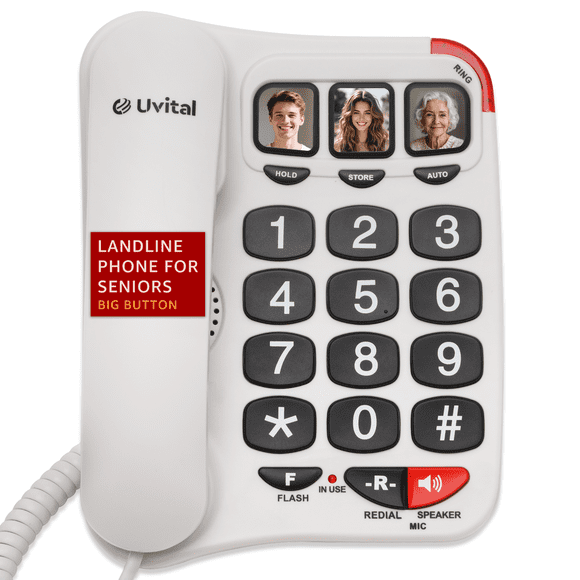 Uvital Big Button Phone for Seniors- Amplified Ringer with Loud Speaker for Hearing Impaired, Black Big Buttons Corded Landline Phone for Home