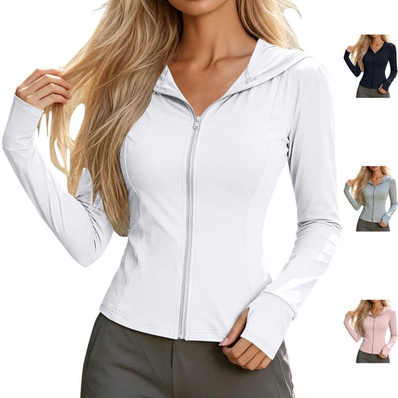 Womens Long Sleeve Sun Protection Hoodie Full Zip Slim Fit Athletic Track Jacket Thumb Holes Quick Dry Workout Top for Running Hiking, White, XL