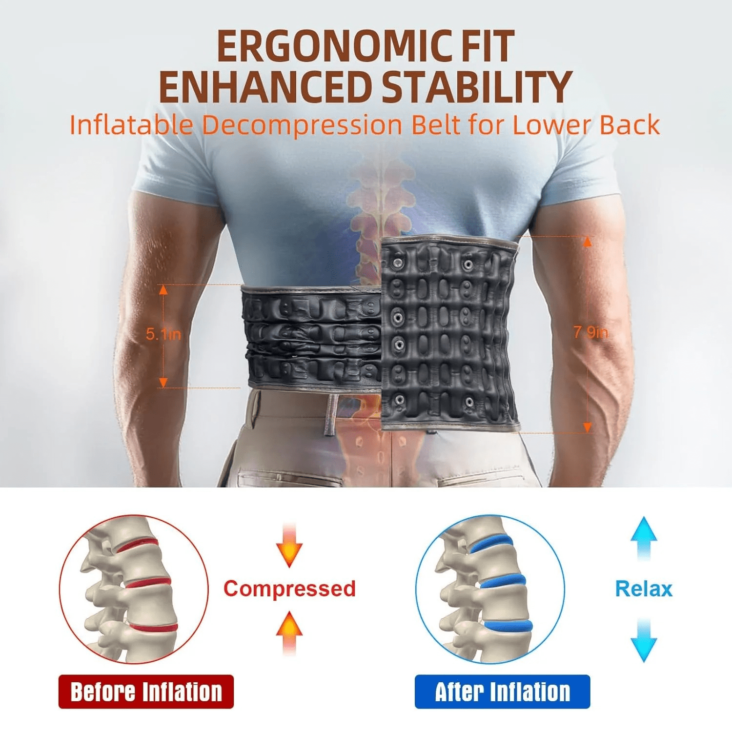 Cordless Air Inflation Back Belt with Heat and Massage, and Red Light | Rechargeable Lumbar Support for Lower Back Comfort