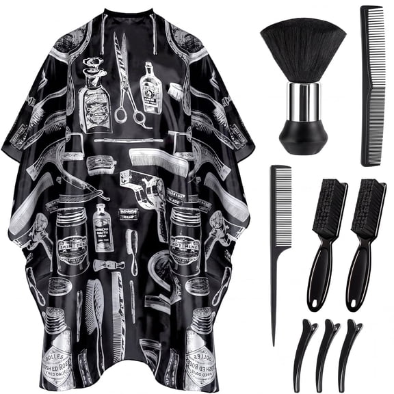 SUCUUI 9 Pcs Barber Cape Kit, Waterproof Printed Barber Cape 63" x 55" with Neck Duster Brush, Hair Combs, Hair Clips & Cleaning Brushes, Barber Accessories for Home Salon Haircuts