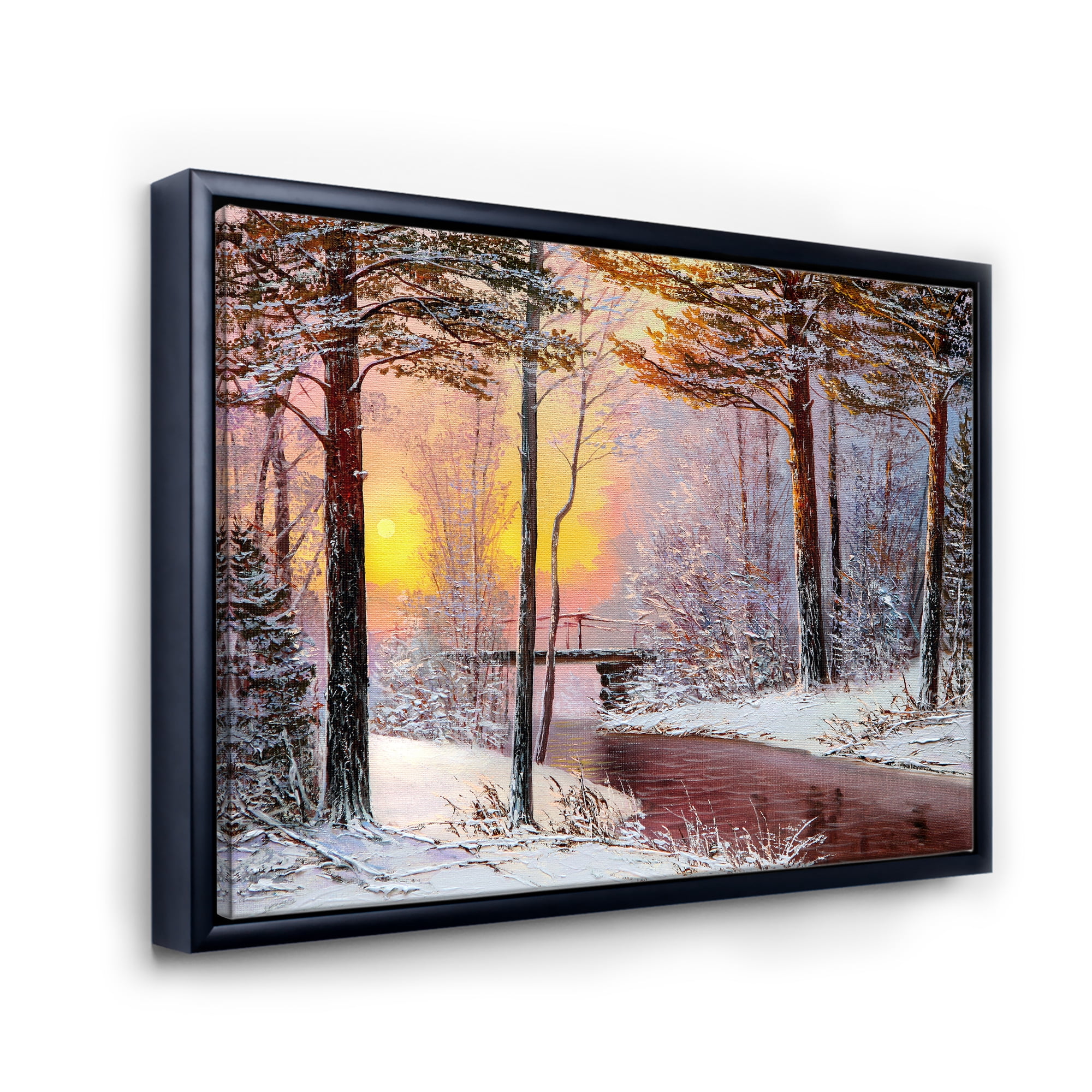 Designart 'Christmas Forest With Trees and River IV' Traditional Framed Canvas Wall Art Print