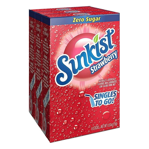 Sunkist Soda Singles-To-Go Zero Sugar Drink Mix Strawberry( 3 Boxes, 18 Sticks Total) Caffeine Free and Non-Carbonated  Makes 18 Glass Flavored Water Beverages