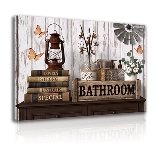 Rustic farmhouse bathroom canvas art decor frame, relaxing quotes, inspirational vintage books, suitable for bathroom/washroom wall decoration.