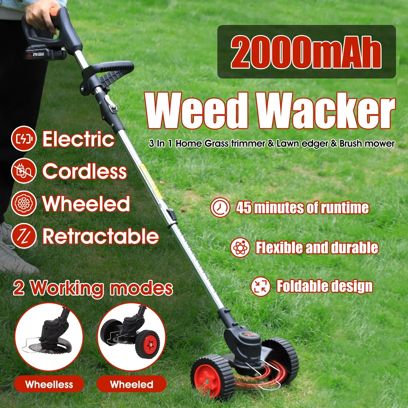 Electric Grass Trimmer Cordless Portable String Trimmer with 2 Lithium-Battery, Charger, Replacement Blades, Weed Eater for Outdoor, Yard, Lawns, Gardens