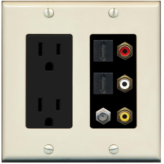 RiteAV - 2 x 15 Amp 125V Power Outlet 3 x RCA - 2 X HDMI and 1 x Coax Cable TV Port Wall Plate - Light Almond/Black