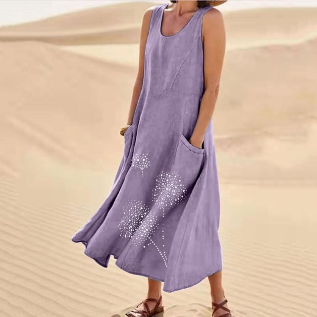 Robes d'Été en Lin pour Femmes 2024 Décontractées Tendance, Robes pour Femmes 2024 Plage Coton Lin Imprimé Floral avec Poches, Robe Boho Débardeur pour Femmes Été Décontractée Sans Manches Robe Maxi Fluide