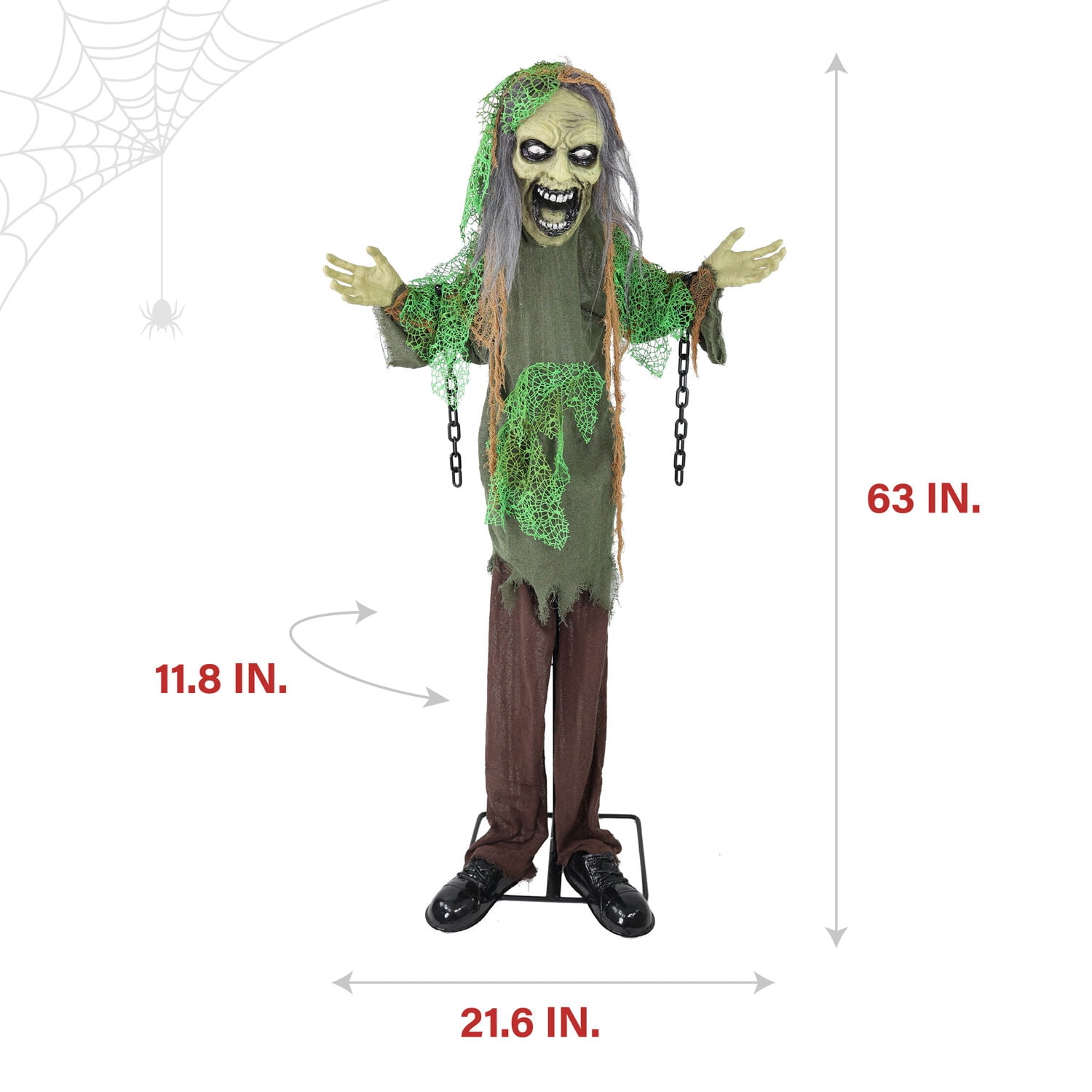 Haunted Hill Farm 5.5 ft Lifesize Animatronic Zombie with Chains with Lights and Sound, Indoor/Covered Outdoor Halloween Decoration, HHZOMB-9FLSA