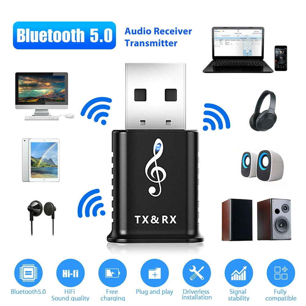 Black USB Bluetooth 5.0 Audio Transmitter Receiver Adapter for Car AUX Speaker