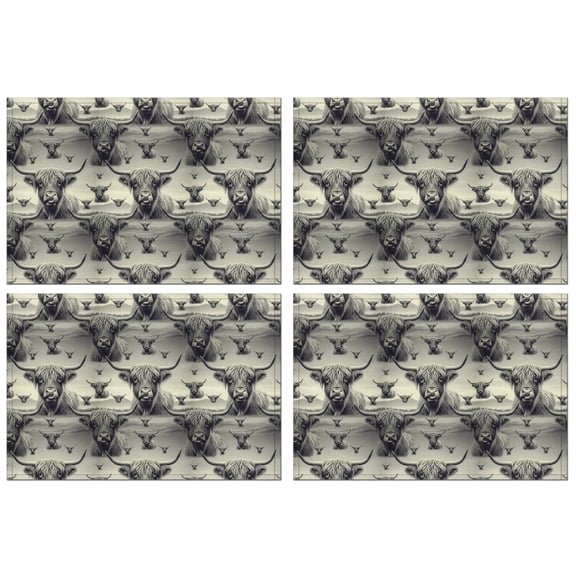 Gray Highland Cow Layer Pattern Summer Placemats Table Placemats Set Of 4-Linen Kitchen Washable Placemats Table Mats 11.8"x17.7" Non-Slip Heat Resistant