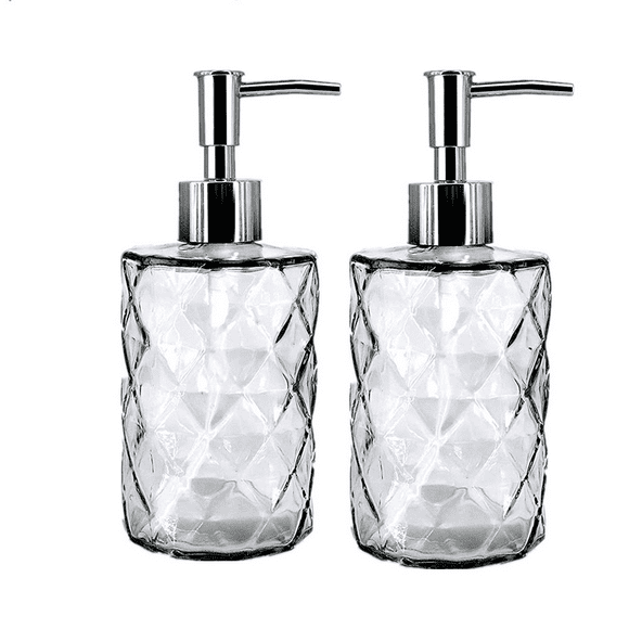 2 Pack Glass Soap Dispenser Diamond Design , 12 Ounce Kitchen Soap Dispenser for Bathroom, Hand Soap, Dish Soap (Transparent)