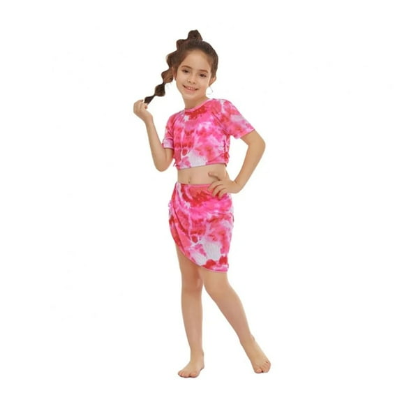 XBASW Kids Teen Girs Swimsuits Bikini Set Beach Swimwear with Skirt Tie-Dyed Print Bathing Suit 6-14T