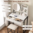 thumbnail image 3 of Leumius Small Vanity Desk with Mirror and Lights, Makeup Vanity Table with LED Mirror, 3 Lighting Modes, Power Outlet, Drawer, Open Shelves and Cushioned Stool for Bedroom (White and Black), 3 of 8