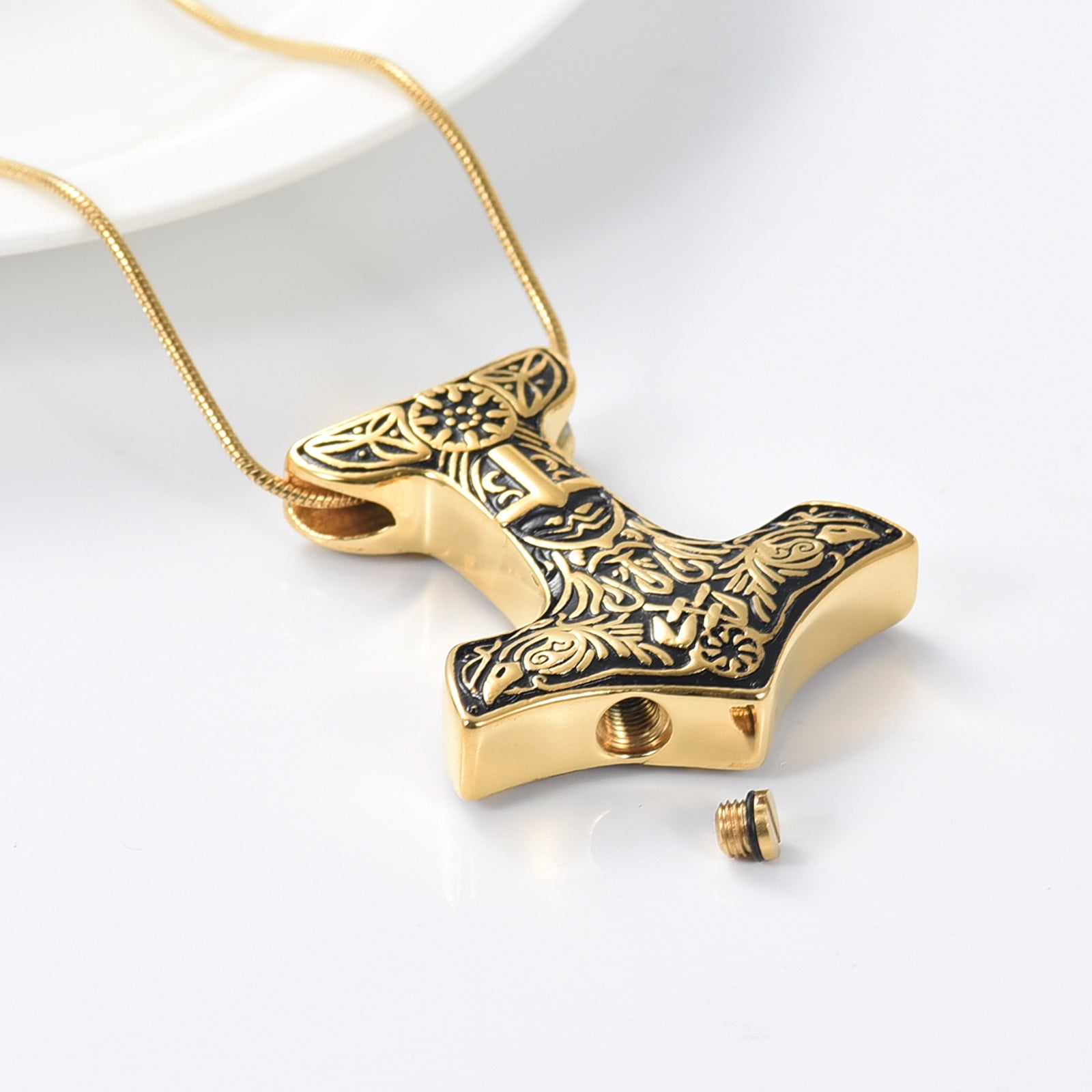 Thor's Hammer (Mjolnir) Cremation Urn Necklace - 316L Stainless Steel Pendant For Ashes