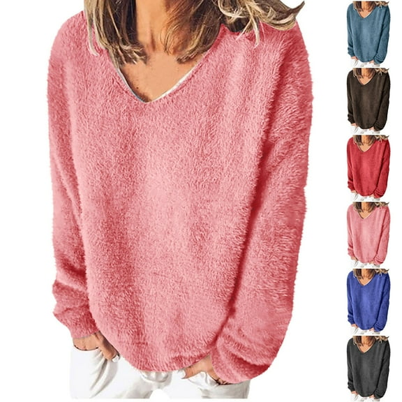 Antinious Plus Size Going Out Tops for Women Solid V Neck Long Sleeve Fleece Oversized Sweatshirt, Sweatshirt for Women,Tops for Women Trendy,Blue,XXXXL