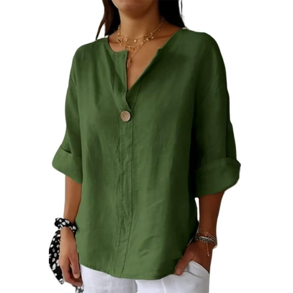 Divhosrg Linen Shirts for Women Loose Fit, Linen Button Down Shirt Women Oversized, Womens Linen Tops Summer V Neck 3/4 Sleeve Linen Blouses for Women 2025, Army Green Button Down Shirt Women M