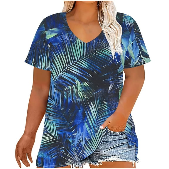 Idoravan Summer Women's Tops Women Plus Size Short Sleeves V-Neck Print Blouse Pullover Tops Shirt