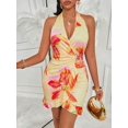 thumbnail image 4 of Yellow Base Orange Blossom Floral Halter Neck Mini Dress With Ruched Waist And Ruffle Hem, 4 of 6