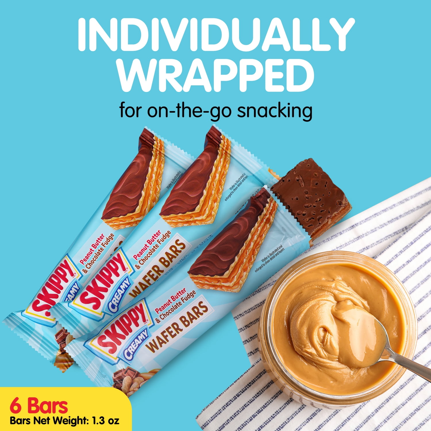 Skippy Creamy Peanut Butter And Chocolate Fudge Wafer Snack Bar, 1.3 Oz, 6 ct (Pack of 6-36 ct)