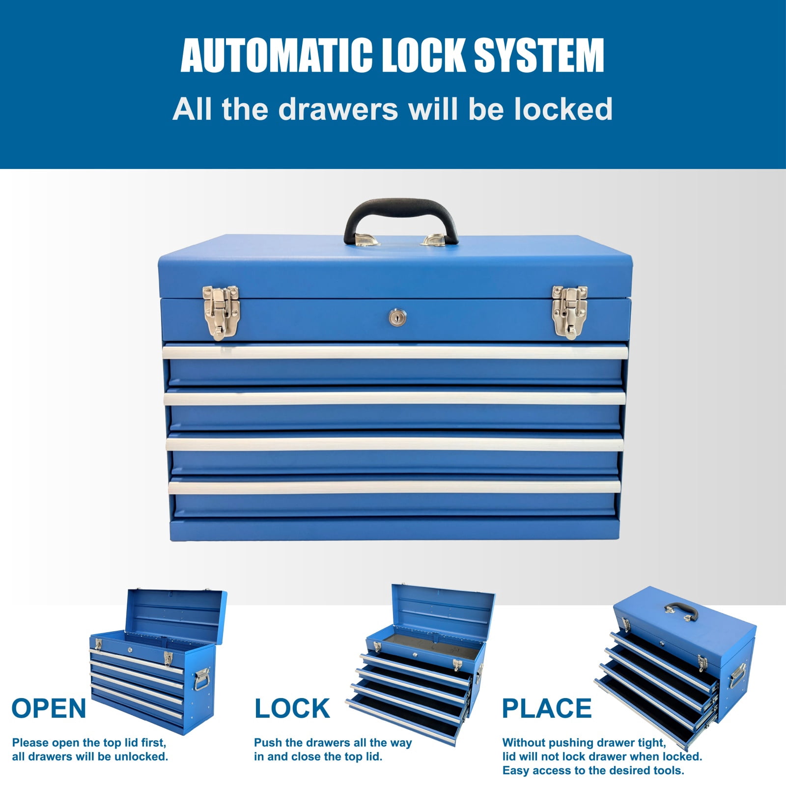 Deiokin 21" Heavy Duty Metal Tool Box, 4-Drawer Portable Tool Chest with Ball Bearing Slides & Auto-Locking System