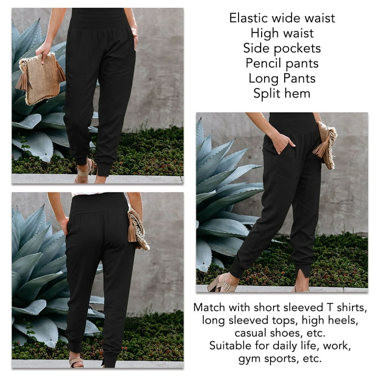 Women S Pants Elastic High Waist 9/10 Elegant Pencil Pants Casual Elegant  Pants Plain Casual Pants Jogger Pants With Pockets And Split Hem