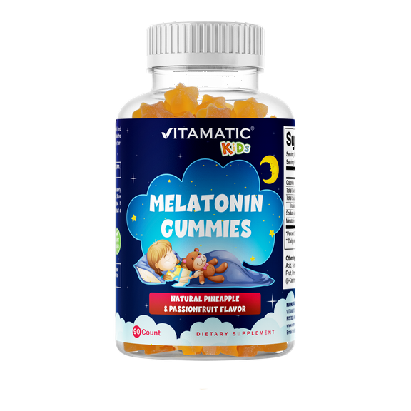 Vitamatic Sugar Free Kids Melatonin 1mg, 90 Gummies, 60 Pineapple & passionfruit Flavored Gummies, 90 Days Supply