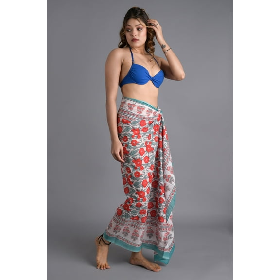 KLAVATE Women 100% Cotton Wrap Beach Hand Block Print Swimsuit Cover Up Long Sarong