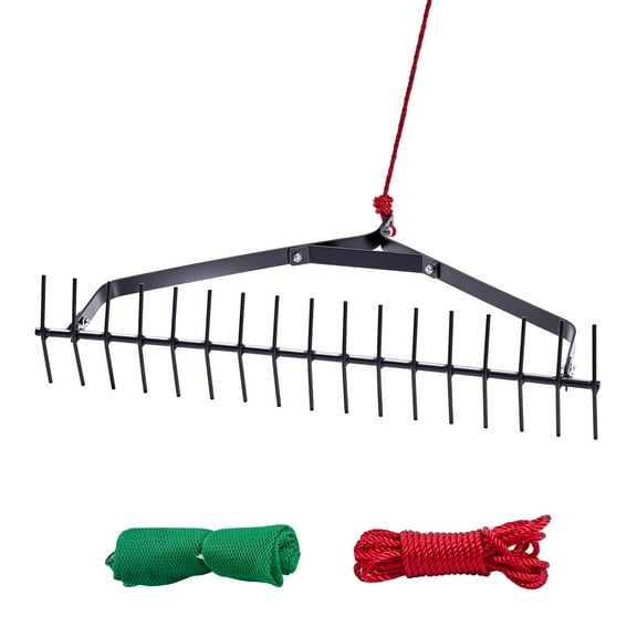 KFFKFF 32-inch Aquatic Weed Rake, Double-Sided 6.3-inch Lake Weed Rake, Lightweight Pond Weed Cutter with 30ft Rope, Ready to Use, Muck and Lilypad Clearing Tool for Ponds, Lakes, Streams