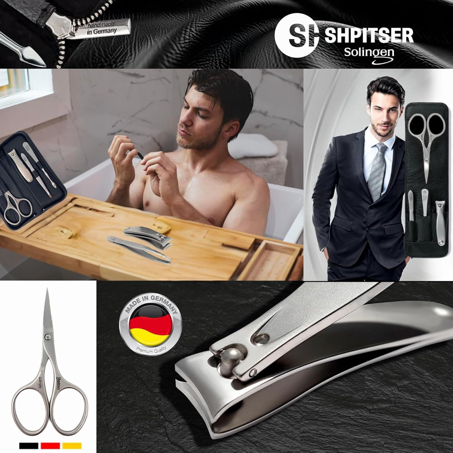 Shpitser Nail Kit, Manicure and Pedicure Women Set of 5 tools: Scissors, Clipper, Tweezers, Nail Cleaner, Nail File, Made in Solingen, Germany, Sturdy Stainless Steel, In Italian Leather Case (Black)