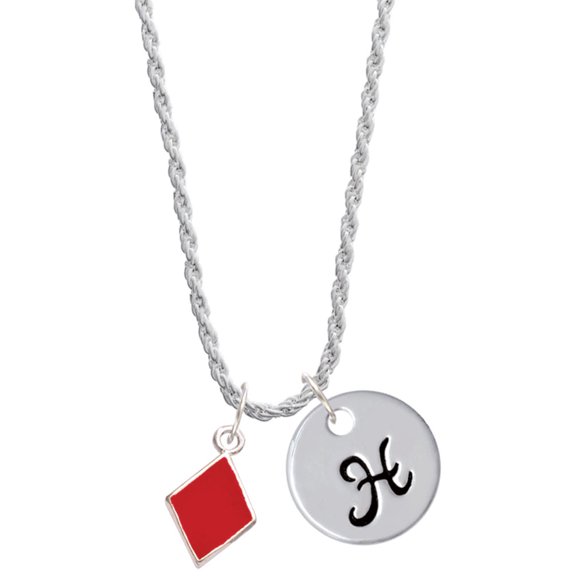 Delight Jewelry Silvertone Card Suit - Red Diamond Silvertone Script Initial Disc - H - Charm Necklace, 20"+3"