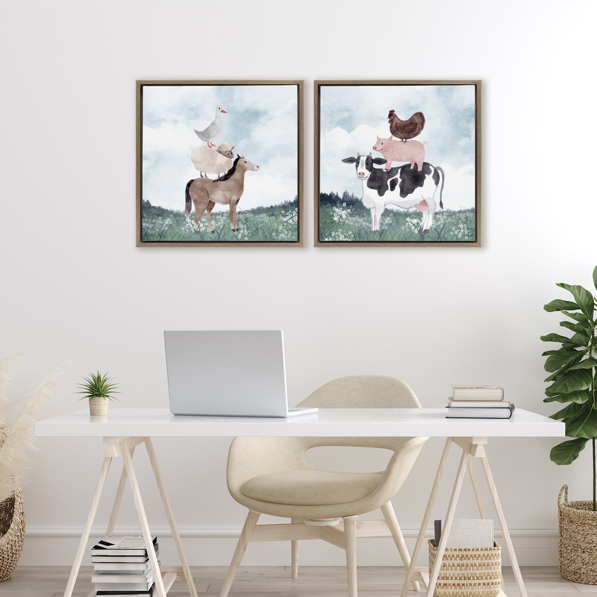 Stupell Industries Stacked Animals Blue Sky Farm 2 Piece Brown Framed Floater Canvas Set, design by Kim Allen